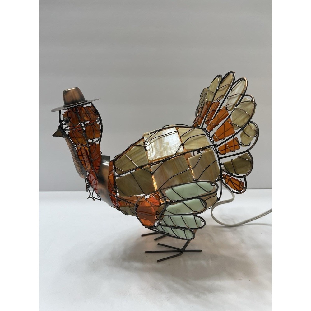 Vintage Thanksgiving Stained Glass Turkey Lamp Wire Copper Hat Fall Colors Cord